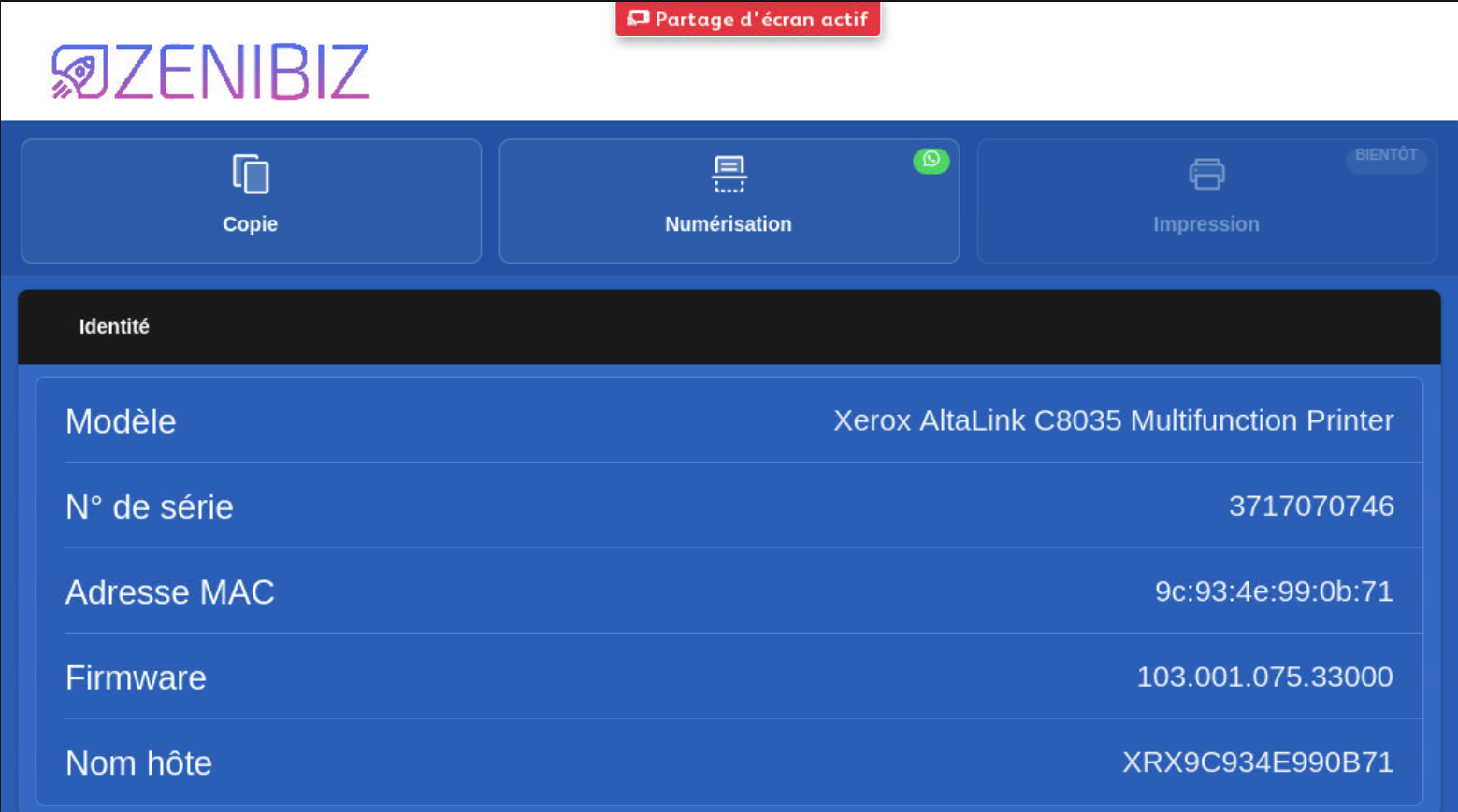 App Zenibiz tournant sur AltaLink C8035